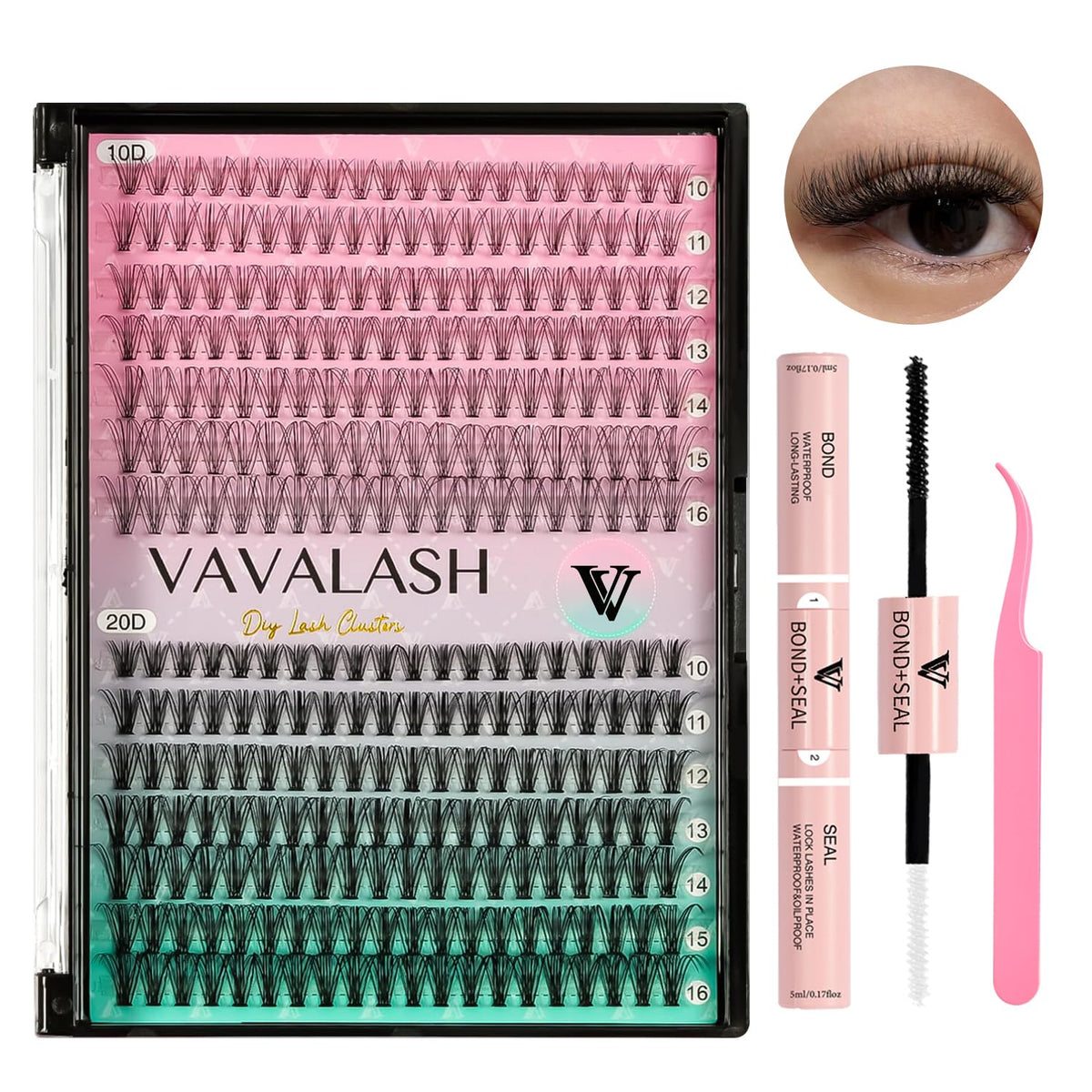 VAVALASH DIY Lash Extensions Kit - 280 Cluster Lashes, Bond & Seal, 10-16mm, Black