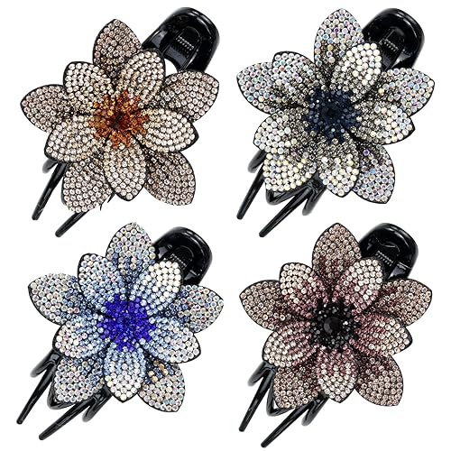 Insowni 4 Pack Glitter Flower Hair Claws For Thick Long Hair - Decorative Rhinestones Clips