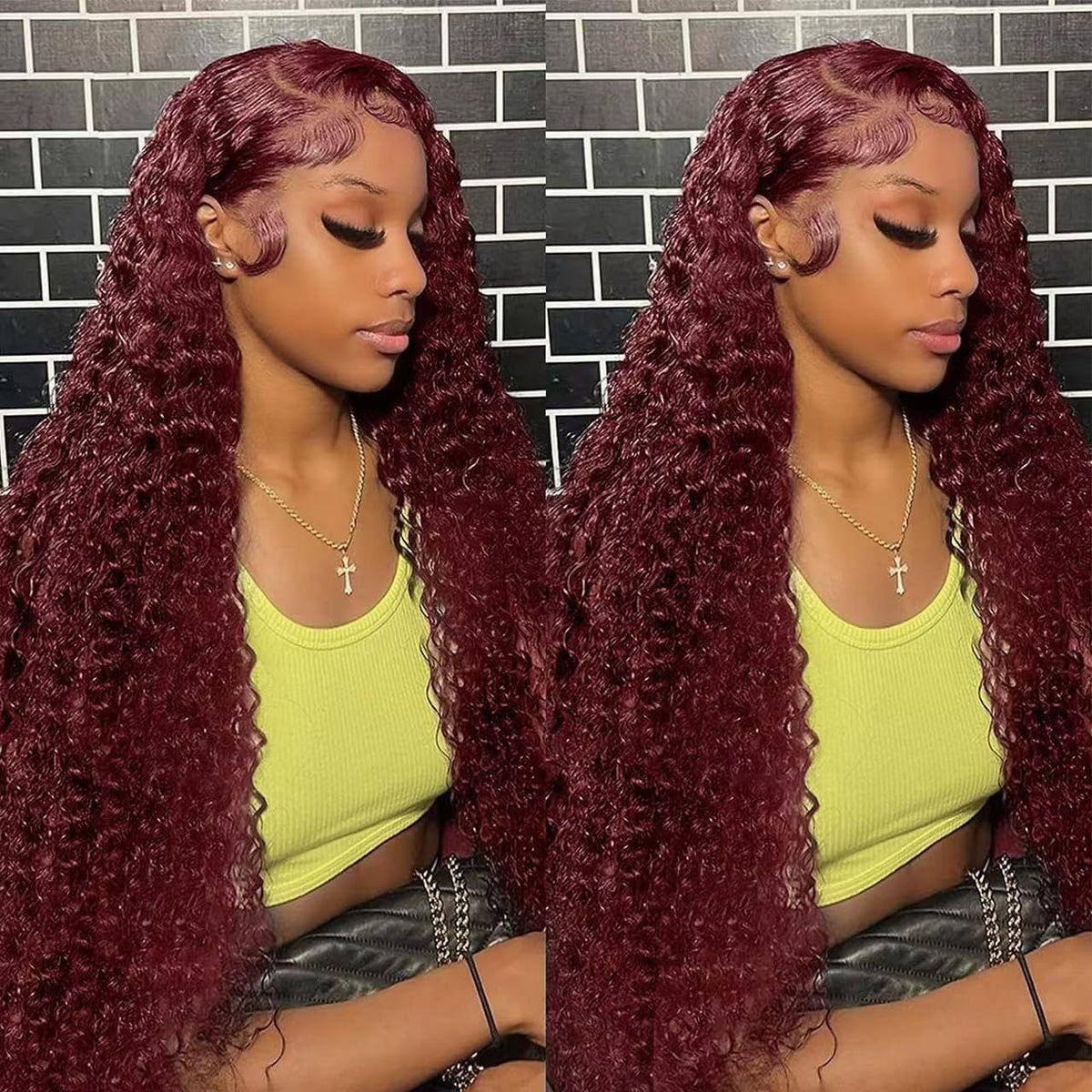 Alsziqihr 99J Burgundy 28&quot; Water Wave Lace Front Wig, 180% Density, Pre-Plucked Human Hair