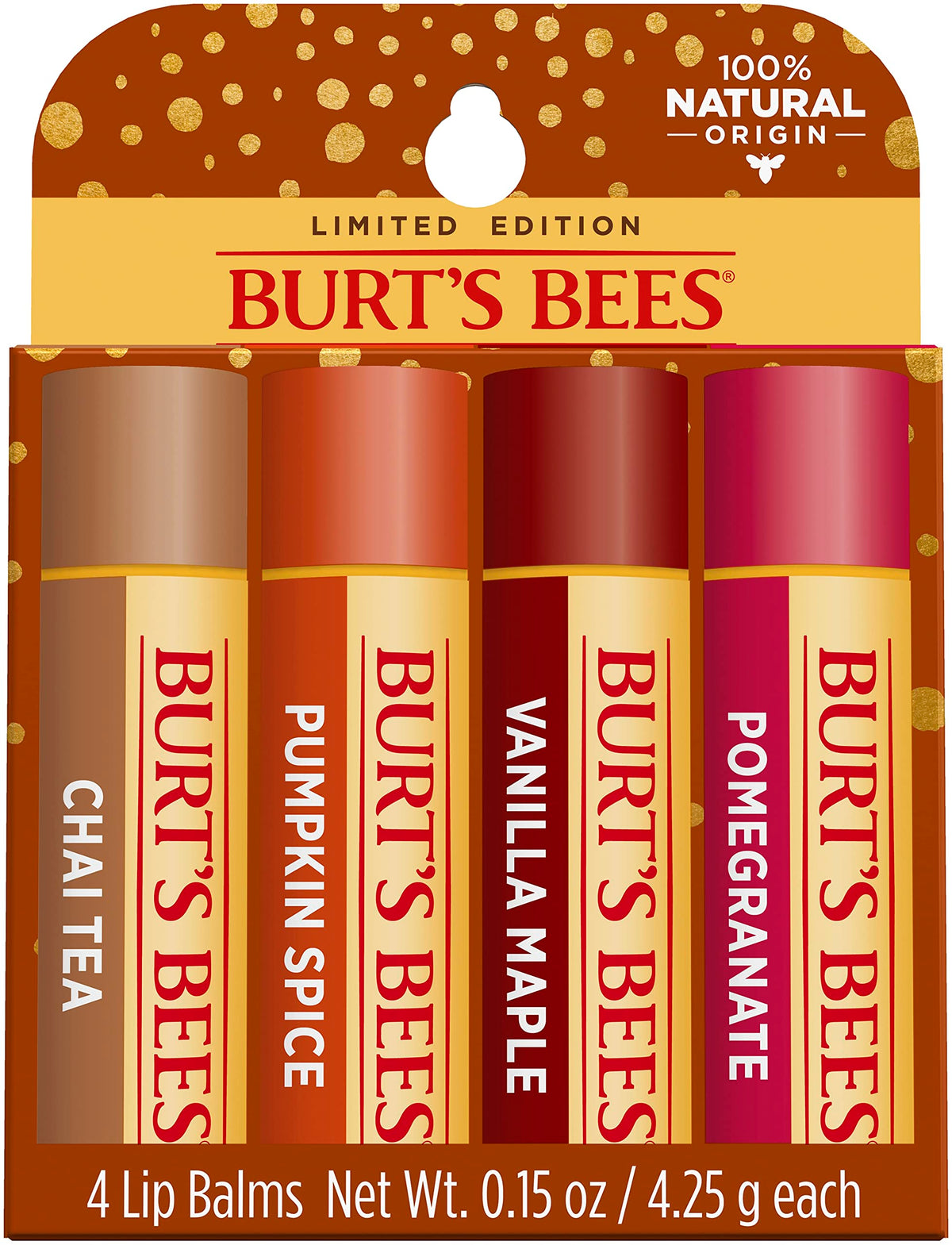 Burts Bees 100 Natural Moisturizing Lip Balm  Winter Variety Pack  Chai Tea  Pumpkin Spice  Vanilla Maple  Pomegranate  4 Tubes