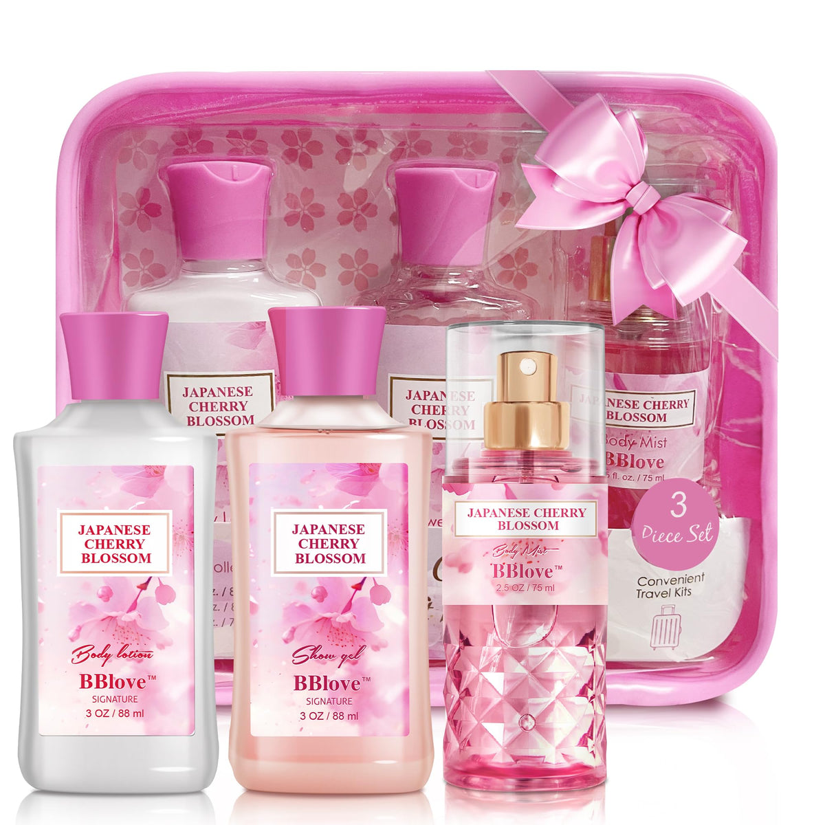 Bblove Japanese Cherry Blossom Bath & Body Gift Set For Women, 3Pcs Travel Set