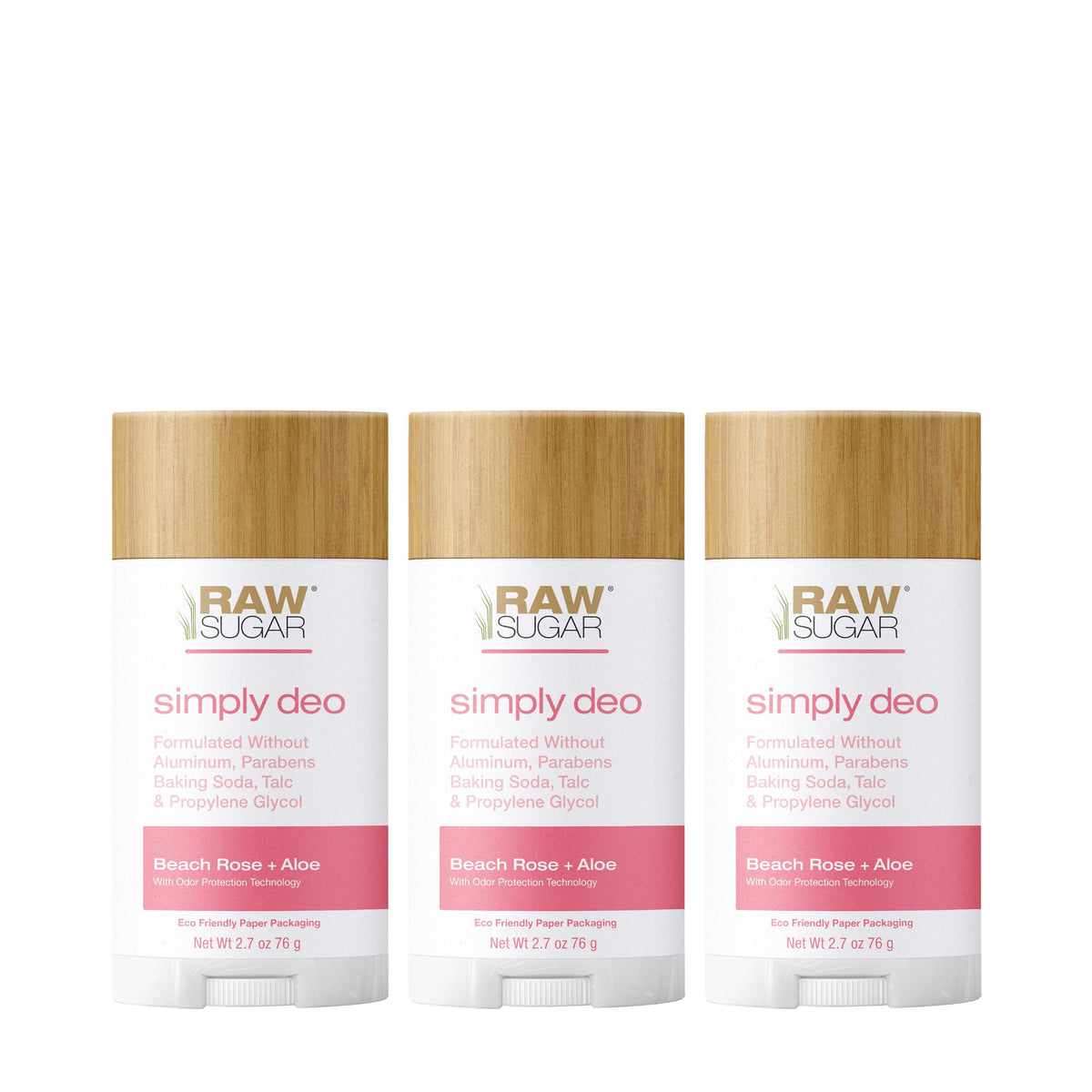 Raw Sugar Deodorant Stick Bundle, 3 Pack - Aluminum Free, Clean Formula, Beach Rose & Aloe Scent