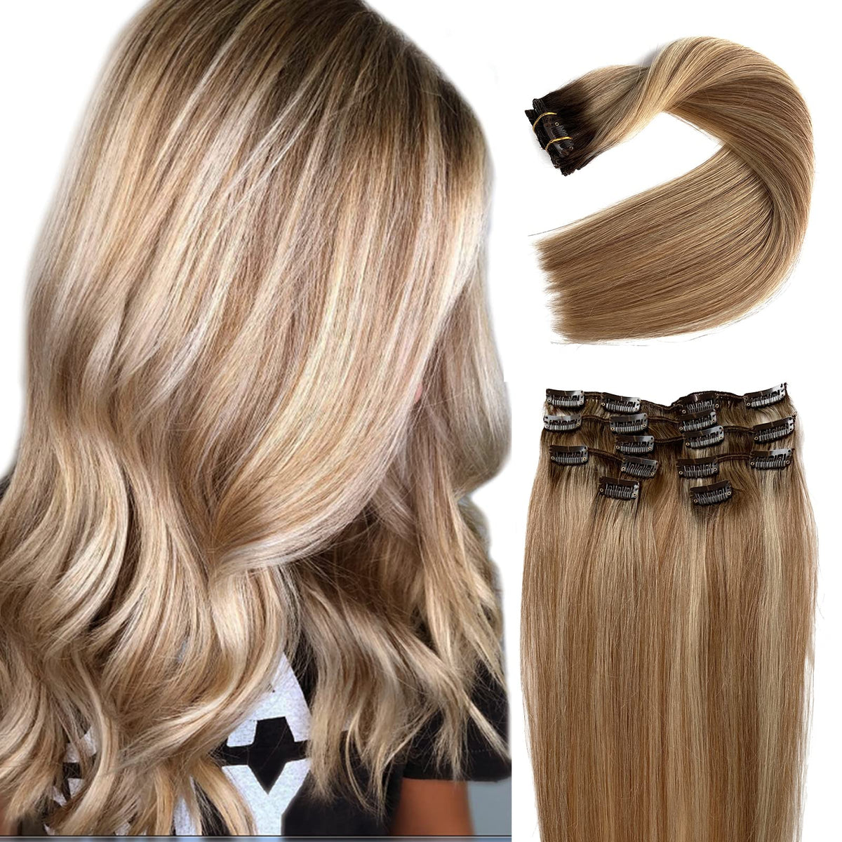 Ubetta 20&quot; Clip in Hair Extensions - Chocolate Brown to Golden Brown with Blonde Highlights 70G