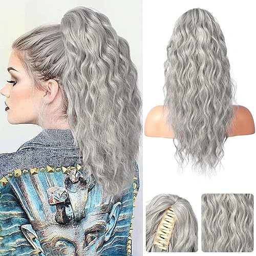 REECHO 18&quot; Claw Clip Ponytail Extension - Multi-Layered Synthetic Curly Hairpiece, Grey/Brown/Silver/