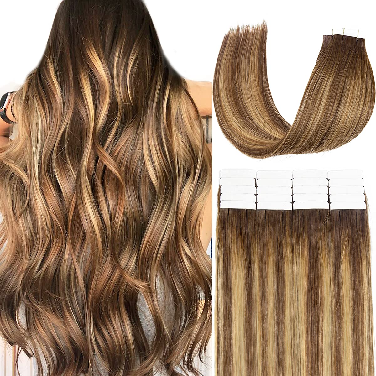 Loxxy 20&quot; Human Hair Tape-In Extensions Ombre Chocolate Brown & Strawberry Blonde, 50G/Pack