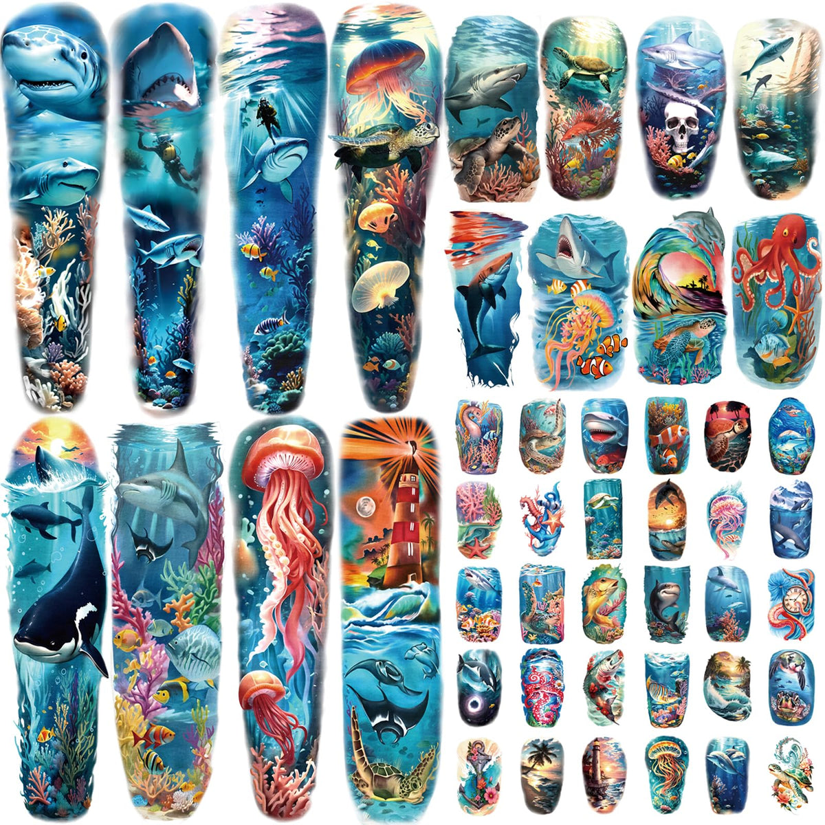 Atydkug 46 Ocean Style Temporary Tattoos For Men Women - 8 Shark Dolphin & 30 Tiny Stickers