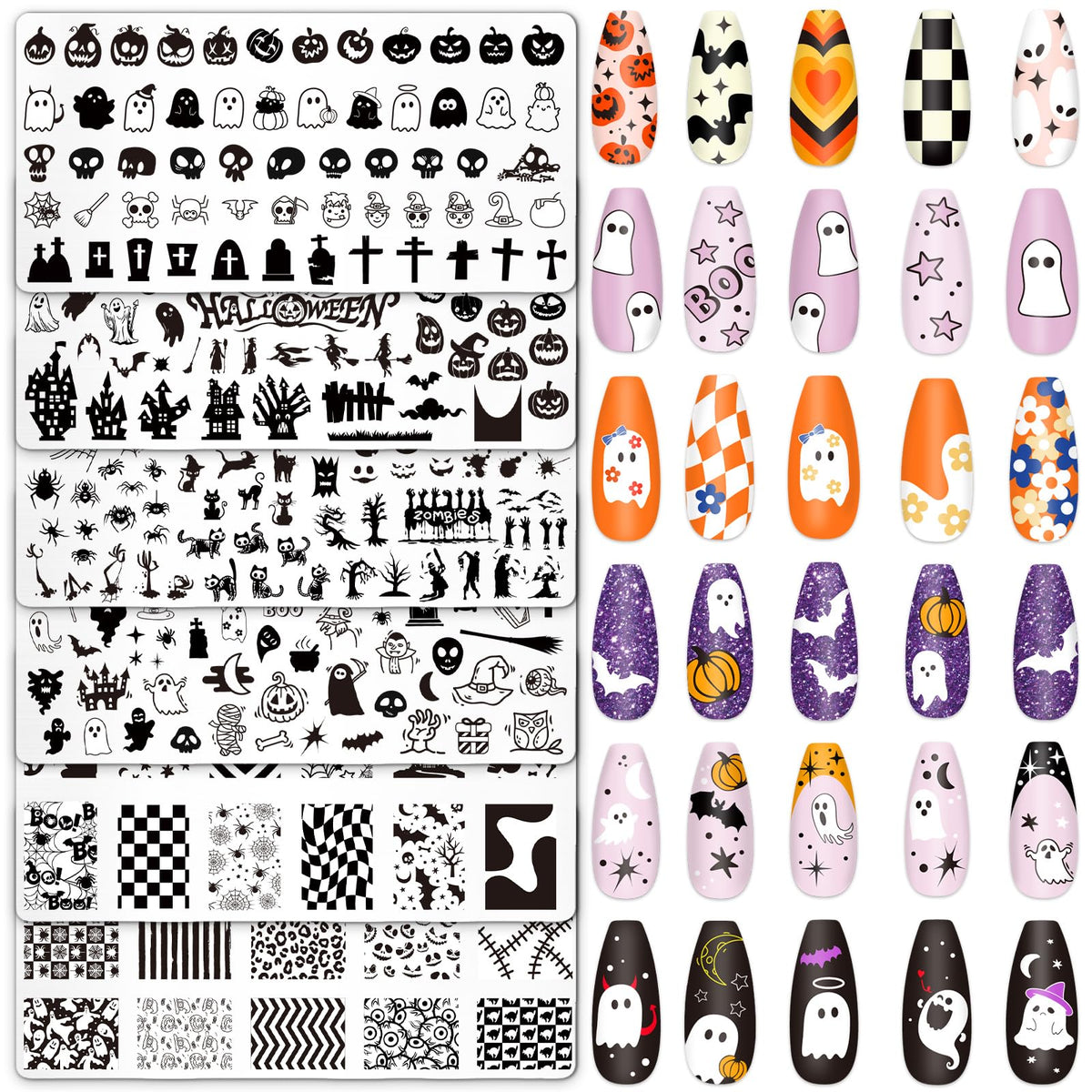 Whaline Halloween Nail Stamping Set - 6 Pcs Pumpkin Ghost Skull Art Plates For Diy Manicure