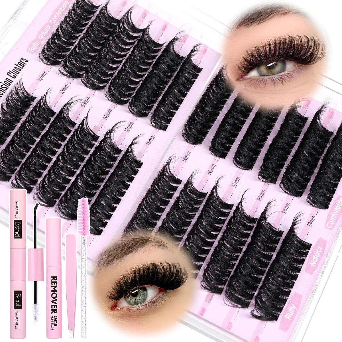 Pleell Lash Clusters Kit - Natural 12-18Mm D Curl Eyelash Extensions, Bond & Seal, Waterproof