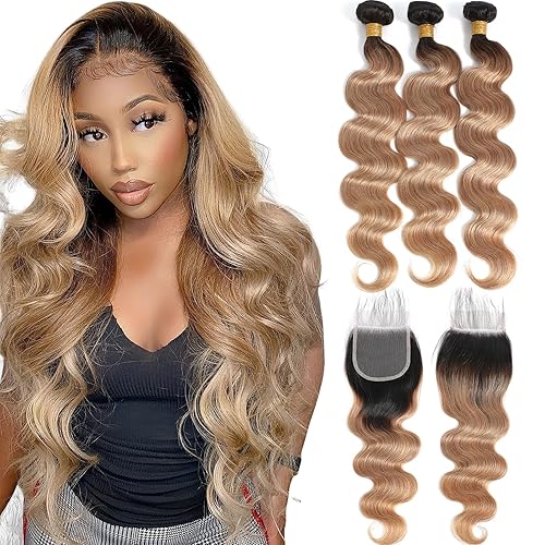 Kapelli Hair 10A Ombre Body Wave Bundles with Closure T1B/27 - 100% Human Hair 18 