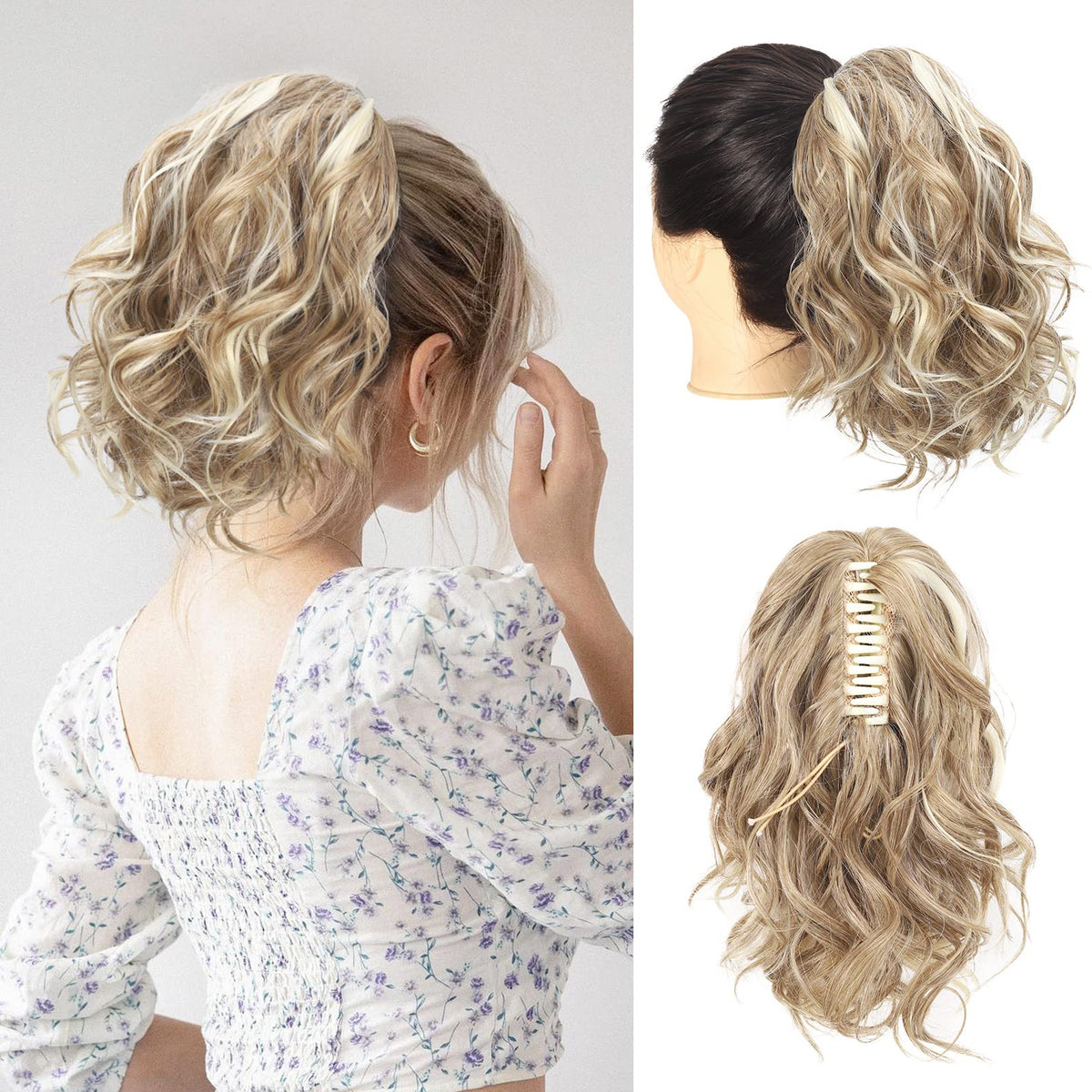 Seikea 10&quot; Wavy Curly Ponytail Extension - Dark Blonde With White Highlights, Synthetic Hairpiece