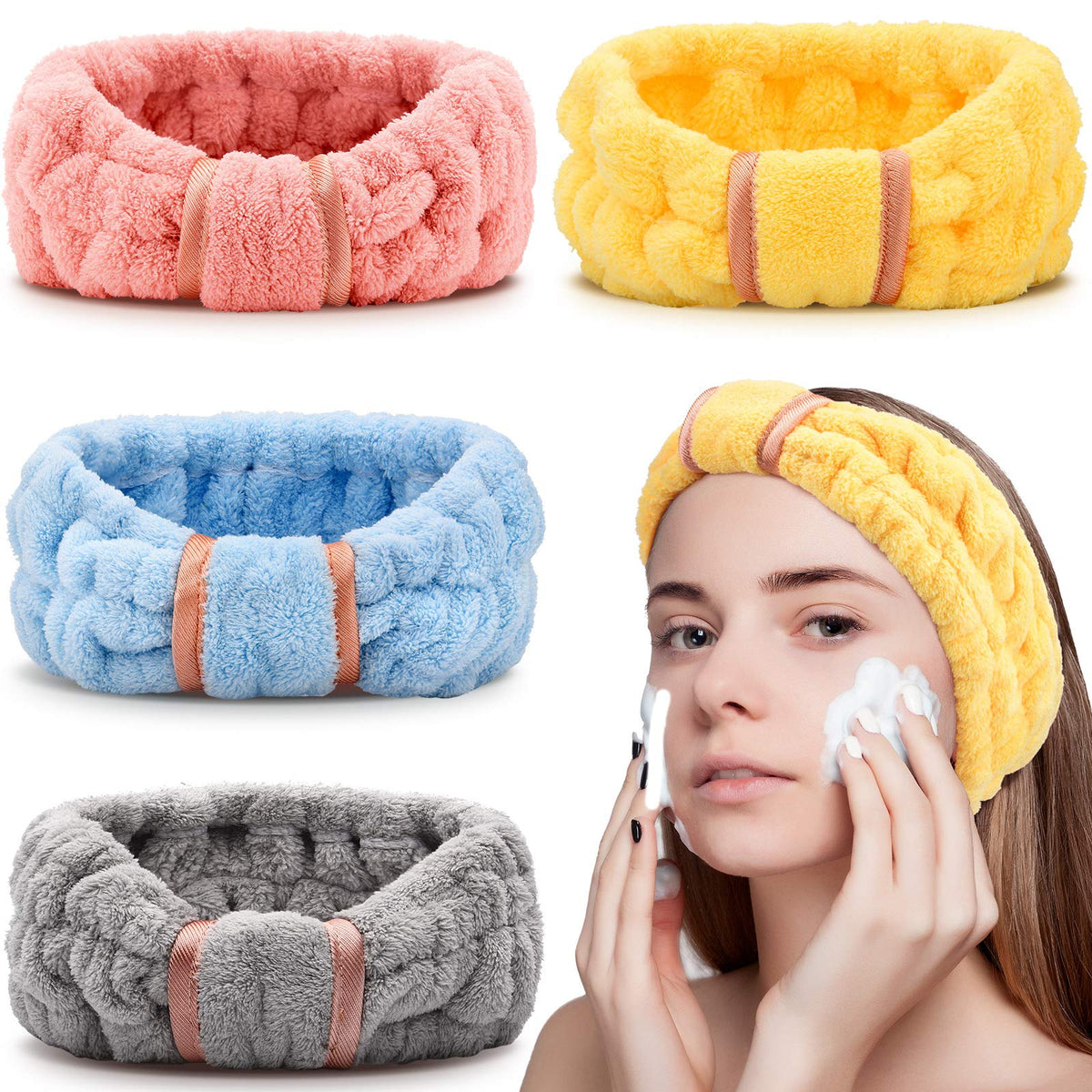 Willbond 4 Pack Microfiber Spa Headbands For Makeup, Yoga & Sports - Bright Red, Blue, Yellow, Grey