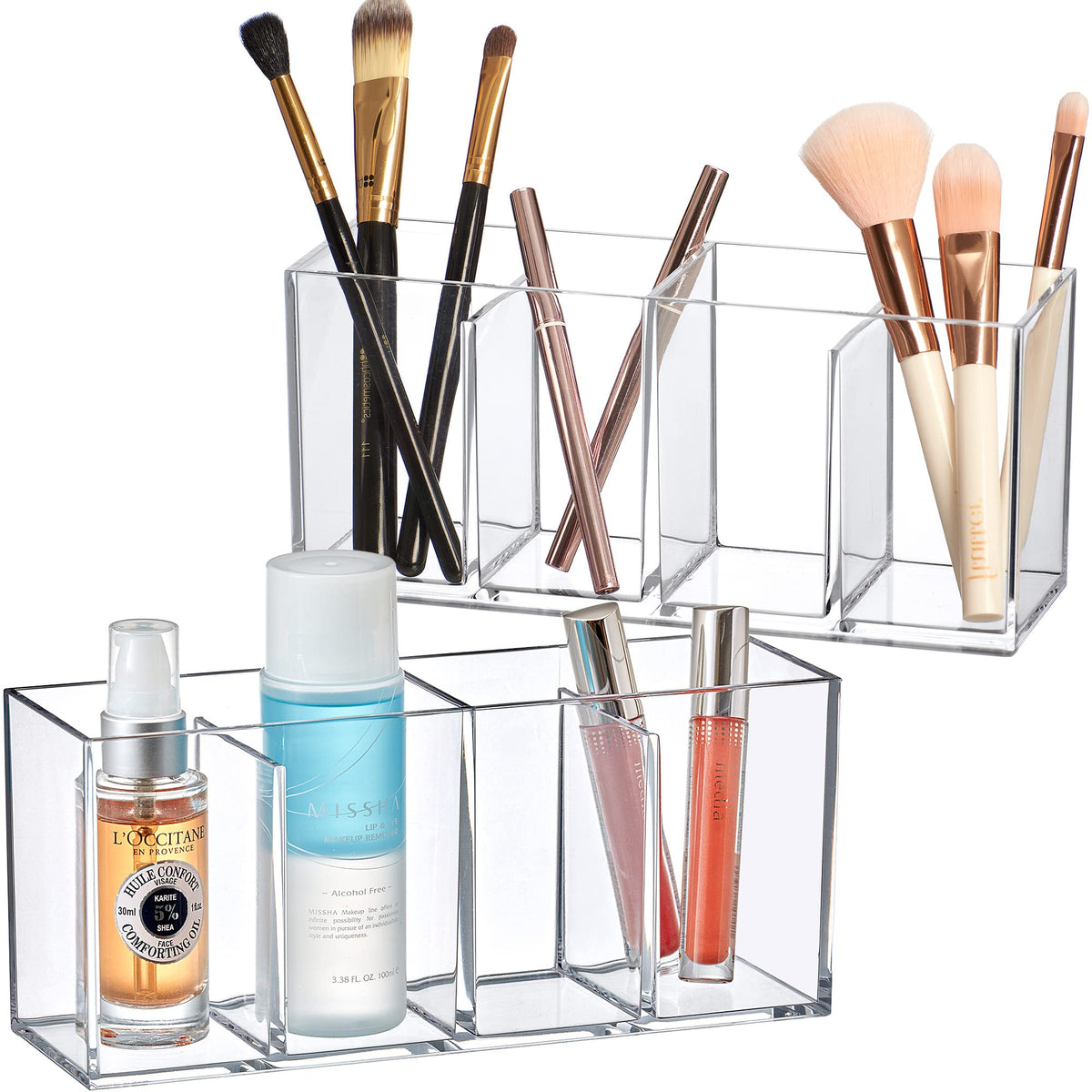 Amazing Abby 2-Pack Acrylic Makeup Organizer - Clear 4-Compartment Brush Holder For Vanity