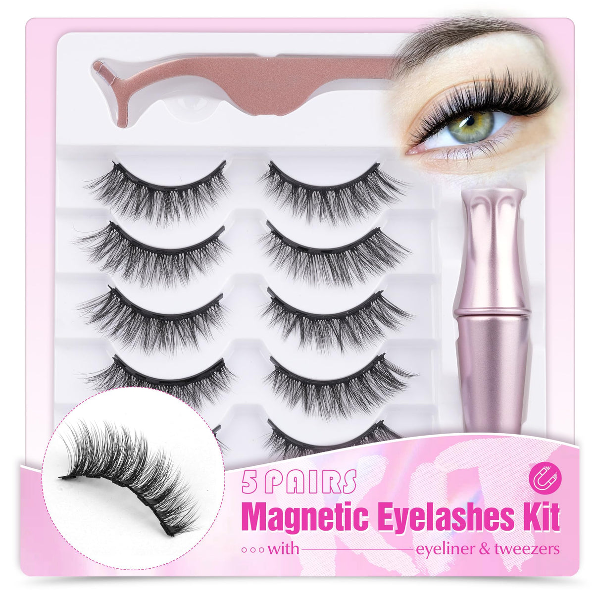 Mavphnee Magnetic Eyelashes With Eyeliner - 5 Pairs Faux Mink Cat Eye Lashes Kit