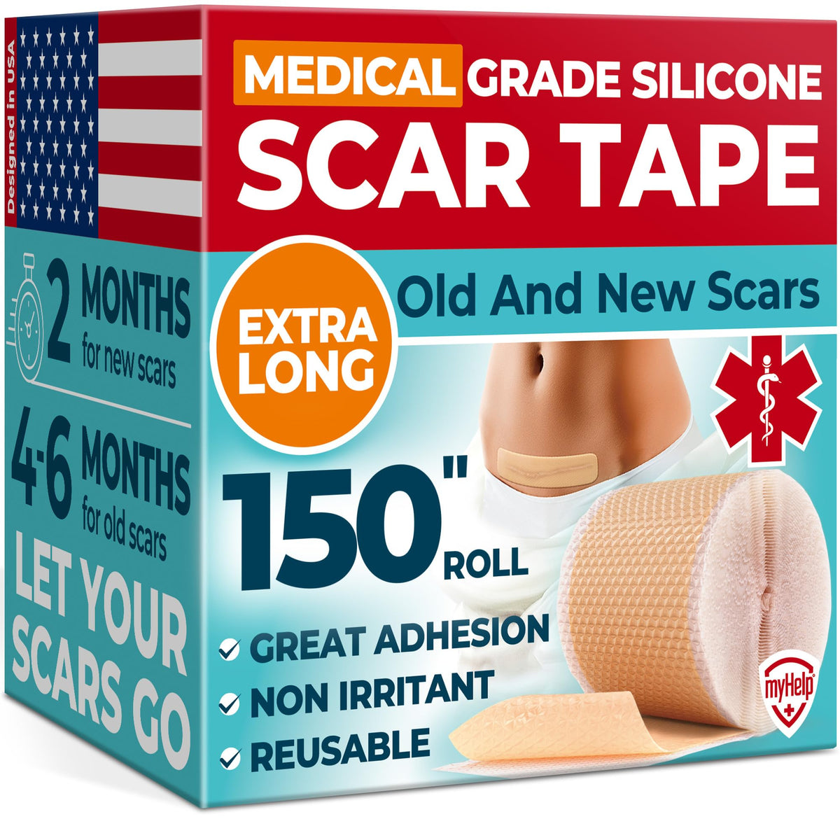 Myhelp Medical Grade Silicone Scar Tape 1.6&quot;X150&quot; - Reusable For Keloid & C-Section Healing