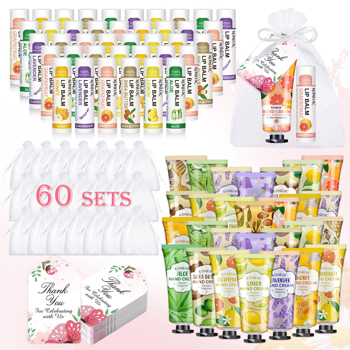 Koneuk 60 Pack Hand Cream & Lip Balm Set - Perfect Easter, Bridal & Baby Shower Favors