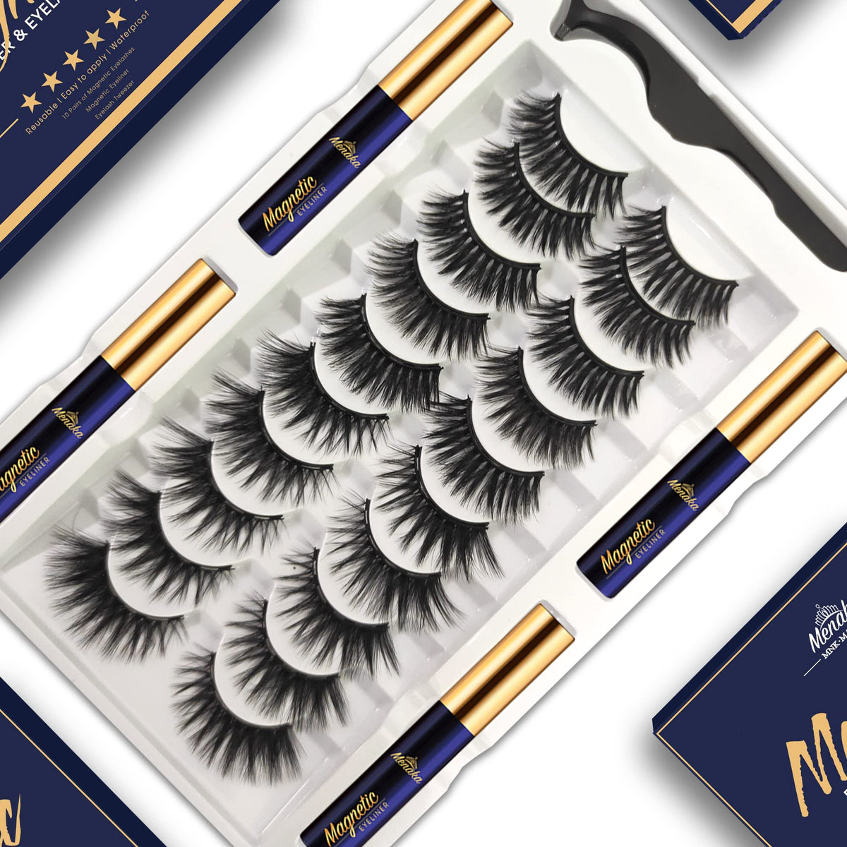 Menaka Magnetic Eyelashes Kit - 10 Pairs 3D Reusable Lashes With Strong Eyeliner, Easy Apply