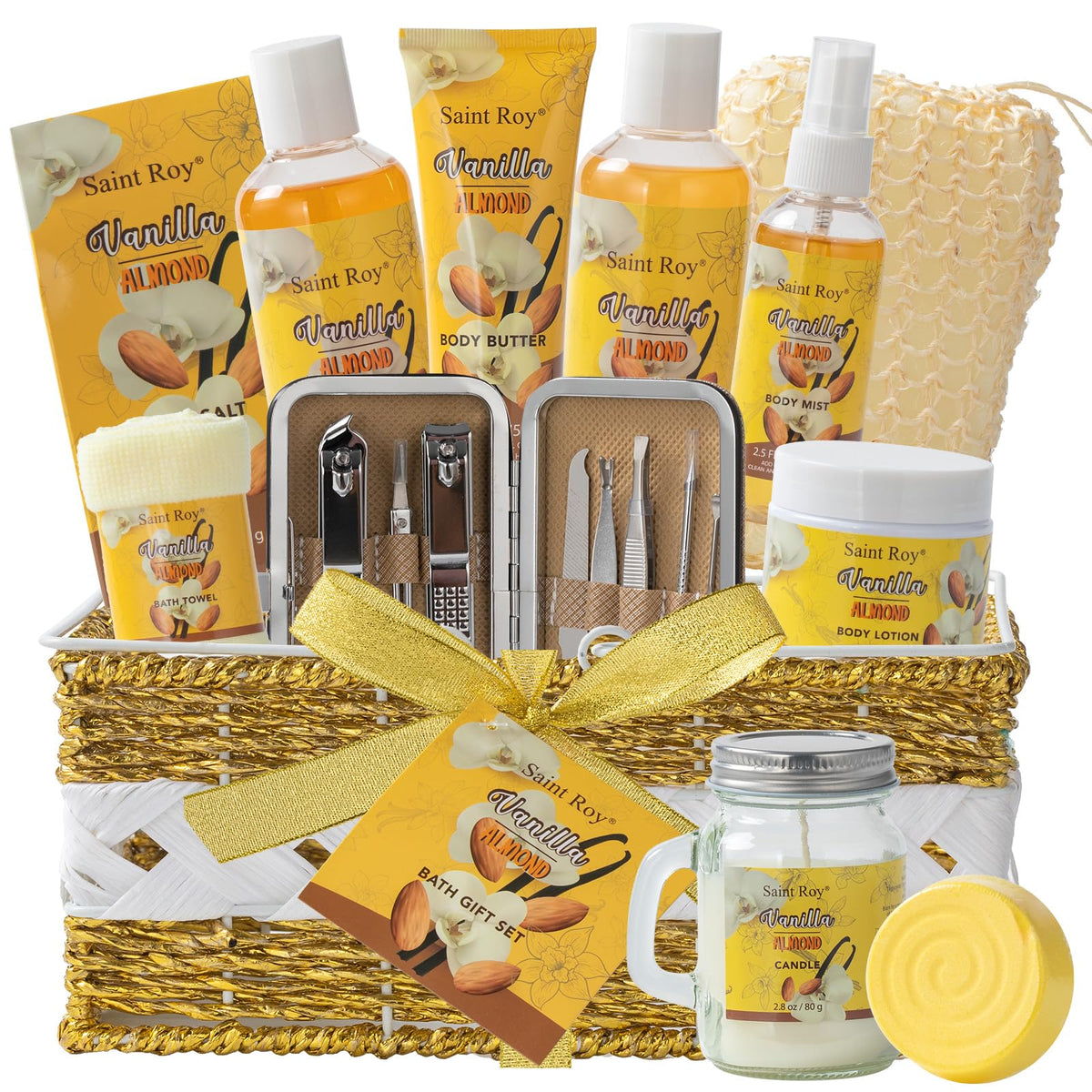 Saint Roy Bath & Body Gift Set, 19Pcs Vanilla & Honey Almond, Luxury Spa Gift Basket For Men & Women