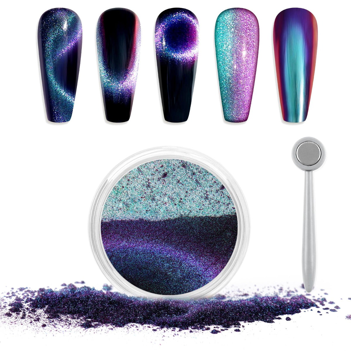 Laza Emerald Peacock Cat Eye Chrome Nail Powder - 3D Magnetic Glitter For Velvet Nail Art