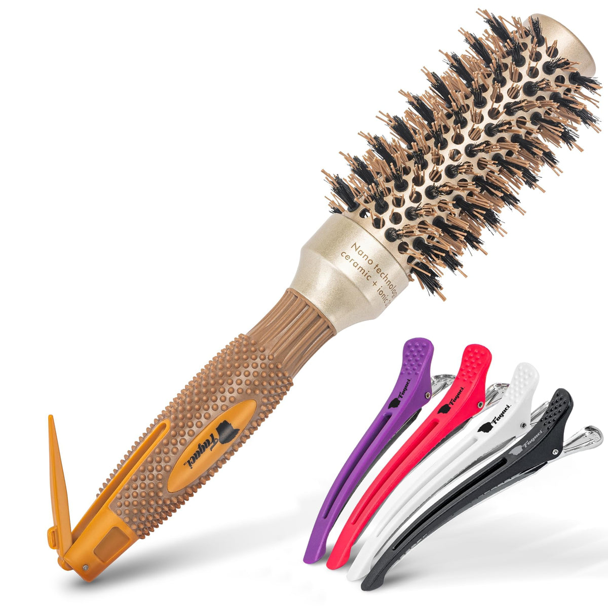 Fagaci Small Round Brush with Boar Bristles for Blow Drying, Ceramic Gold, 32mm + 4 Clips