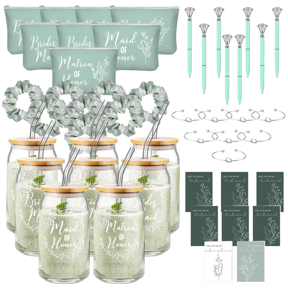 Irenare 48 Pcs Bridesmaid Proposal Gifts - Green Glass Cups, Makeup Bags, Bracelets, Cards