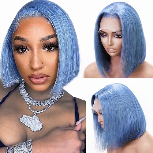 Ubetta Light Blue Bob Wig 12&quot; Lace Front Human Hair 13x4 HD Deep Part 180% Density