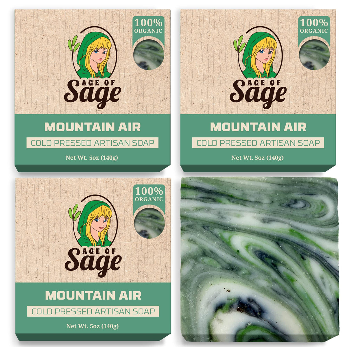 Age Of Sage Vegan Bar Soap For Men - 4 Pack Mountain Air Scent - 5 Ounce Each