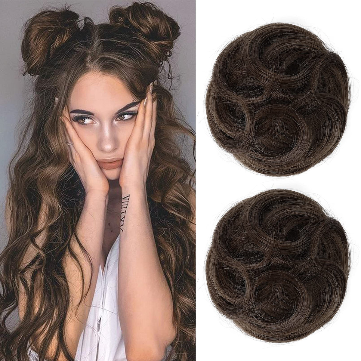 REECHO Mini Claw Clips - 2 PCS Messy Cat Ears Hair Bun Extensions, Dark Brown Copper Highlights