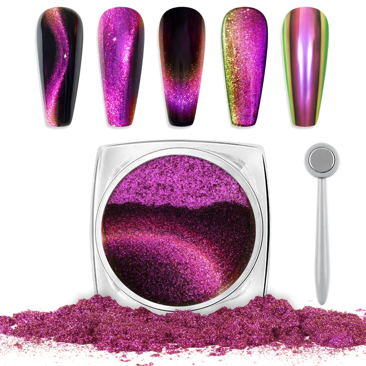 Laza Cat Eye Chrome Nail Powder - 9D Holographic Glitter, Purple Gold For Velvet Nail Art