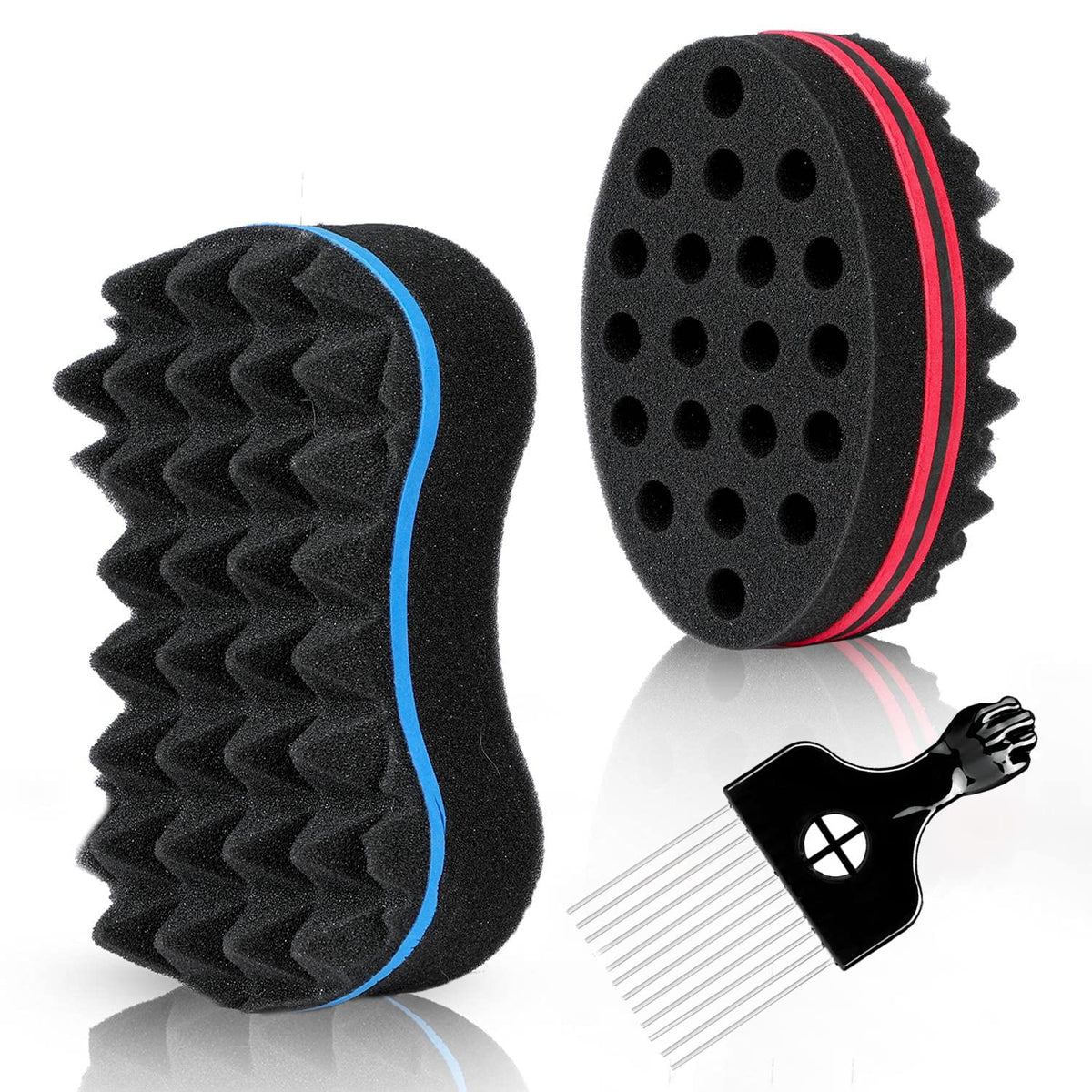 Supaze 3Pcs Hair Sponge Set - Curl Brush Twist Sponge For Afro Curls With Metal Pick, Black