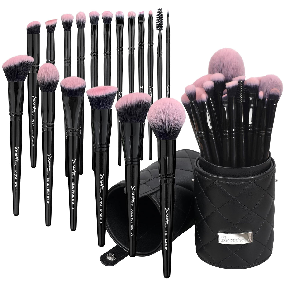 Bueart Design 18Pcs Fuchsia Black Makeup Brush Set With Travel Holder - Foundation, Blush, Eyeshadow