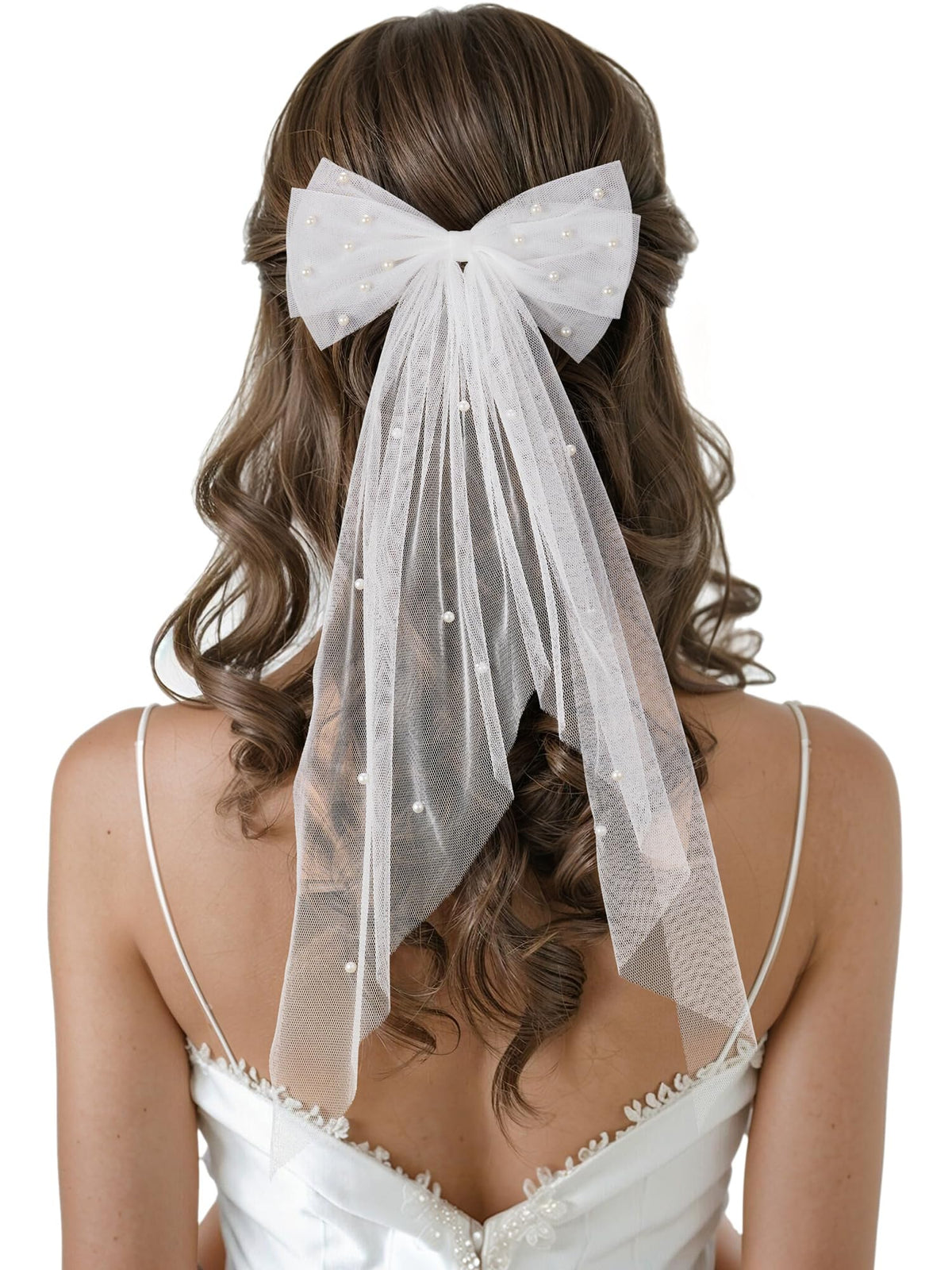 Sweetv Bridal Hair Bow Veil - White Tulle Clip For Bachelorette Party & Bridal Shower Gift