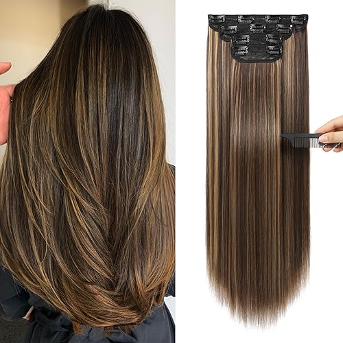 REECHO 20&quot; Clip-In Hair Extensions, Thick Synthetic, Chocolate Brown with Golden Highlights, 4 PCS