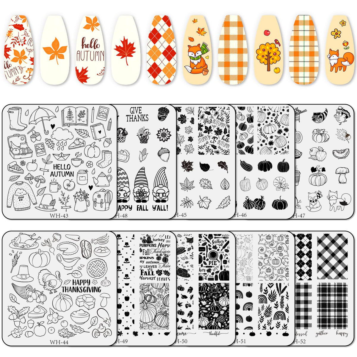 Whaline Fall Nail Art Stamping Plates Kit - 10 Sheets For Thanksgiving & Autumn Designs