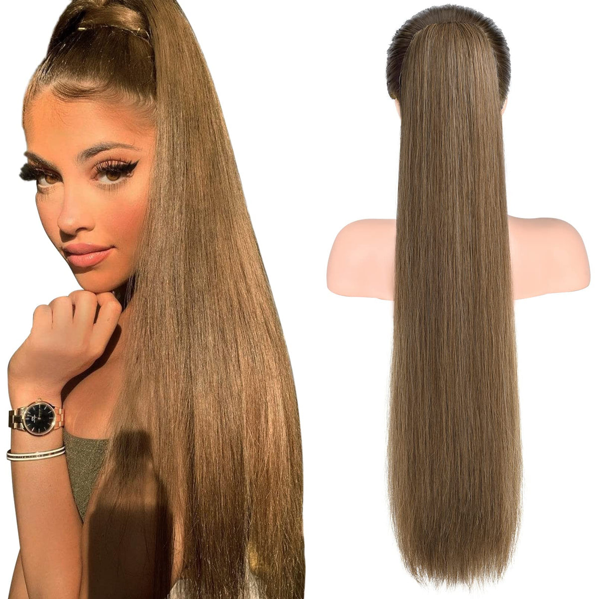 Seikea 28&quot; Ash Blonde Drawstring Ponytail Extensions - Synthetic Heat Resistant Clip-In Hairpiece