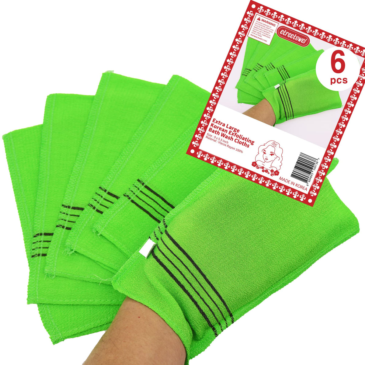 Etreetowel Extra Large Korean Exfoliating Bath Mitts, 9.9&quot;X5.5&quot;, 6 Pcs Visc