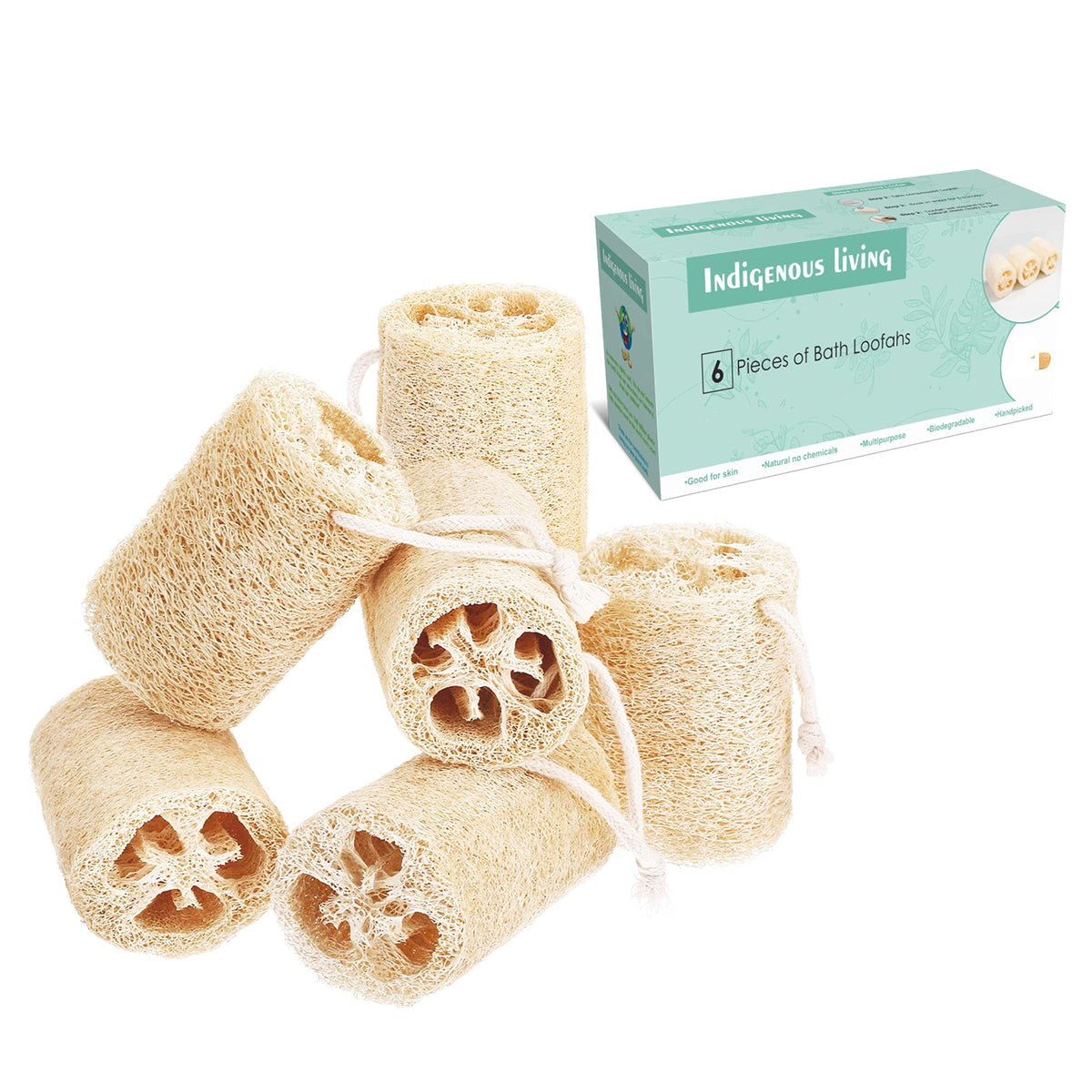 Indigenous Living Natural Loofah - 6 Large Organic Bath Sponges For Exfoliating And Scrubbing