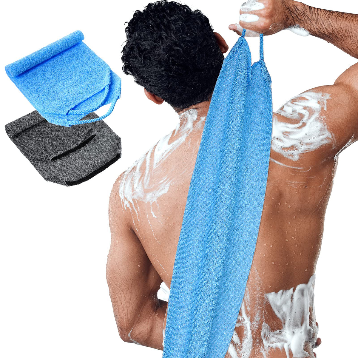 Tatuo Back Scrubber Exfoliating Washcloth 2 Pack - Nylon, Gray & Blue, Stretchable Bath Towel