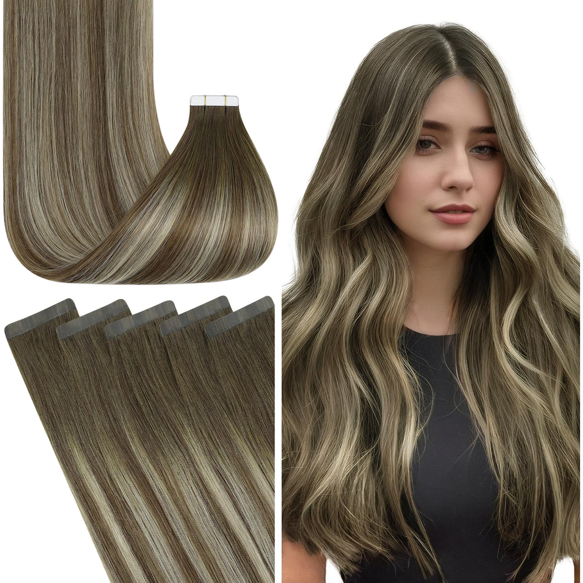 Fshine 18&quot; Ombre Tape-In Human Hair Extensions, Walnut Brown To Ash Blonde, 20Pcs Remy Hair