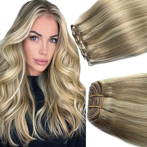 Ubetta 18&quot; Sew in Hair Extensions - Real Human Hair, Balayage Ash Blonde Weft, 100G Bundles