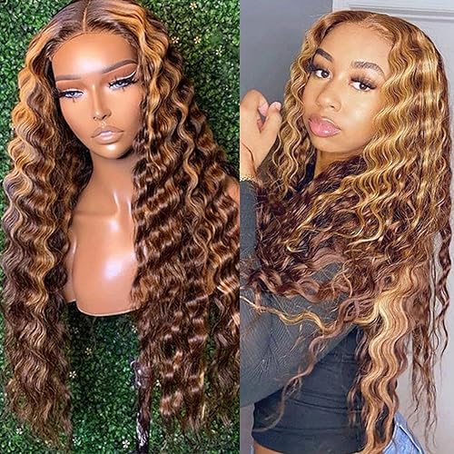 FASHION PLUS Ombre Honey Blonde Lace Front Wig 200% Density 34&quot; Loose Deep Wave Human Hair