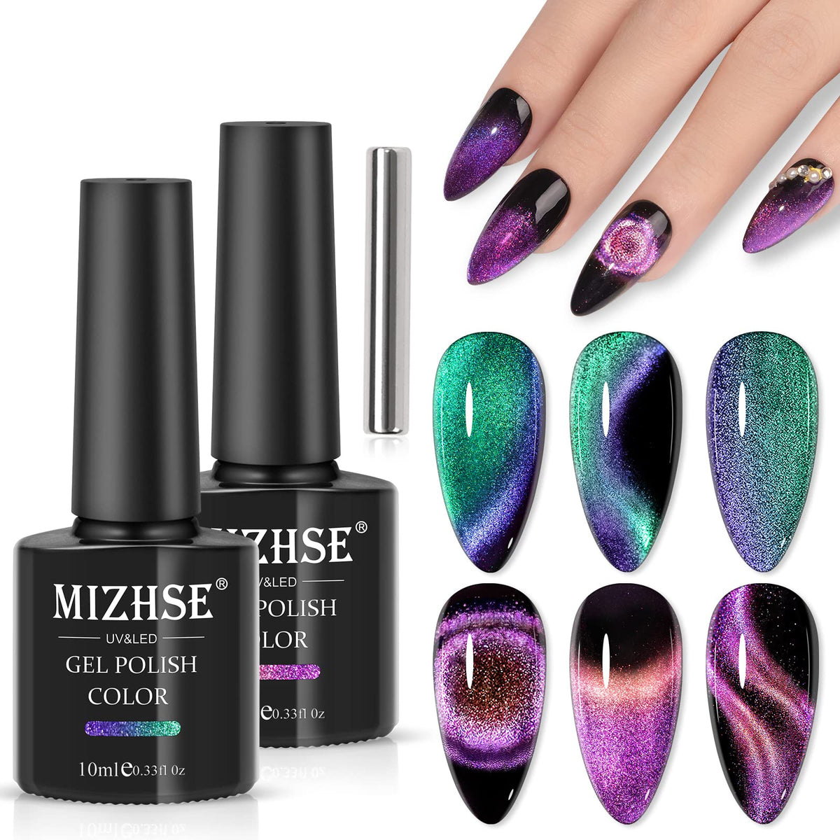 Mizhse 9D Cat Eye Gel Nail Polish Set, 2 Colors Holographic Cyan & Purple, 10Ml