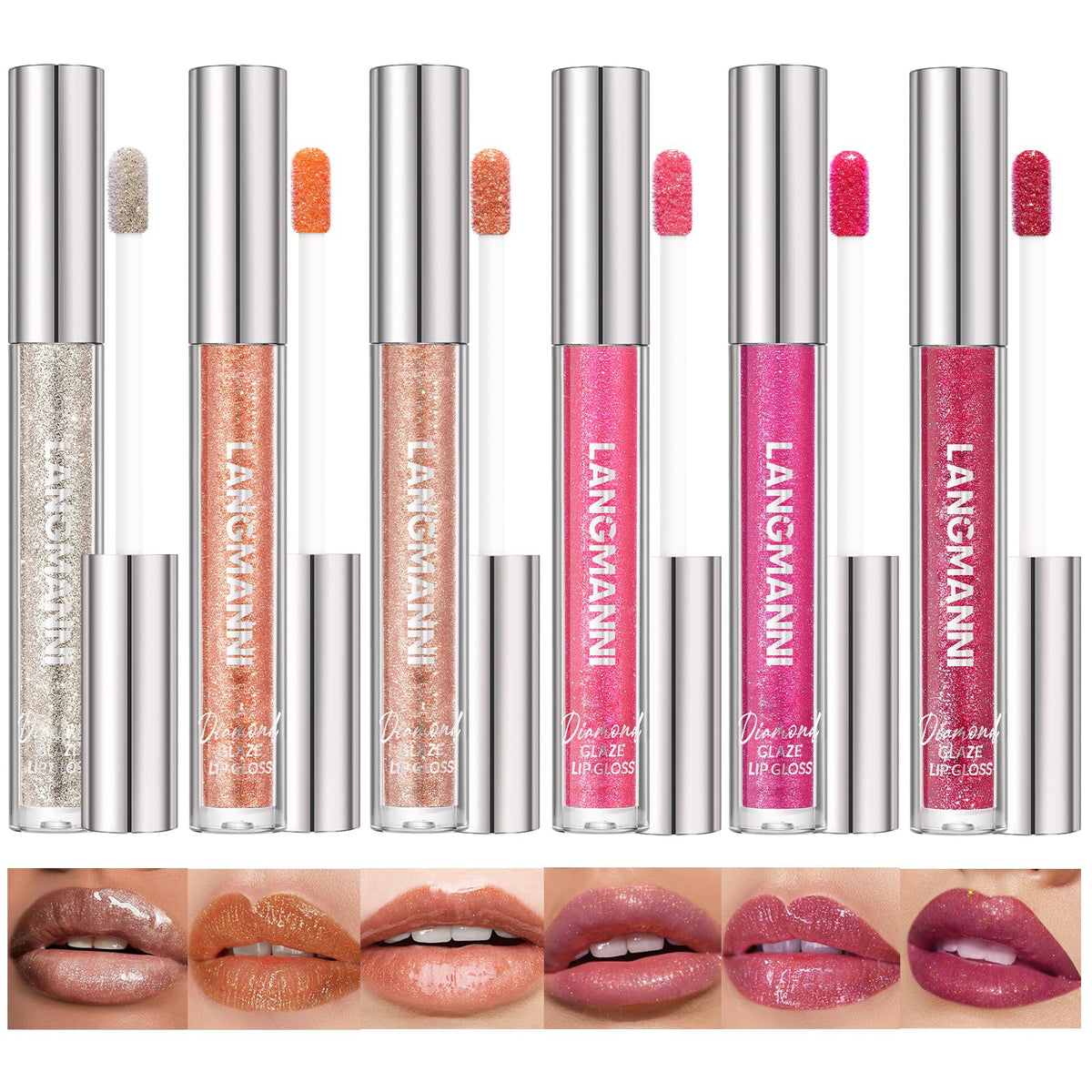 Langmanni 6 Colors Diamond Glitter Lip Gloss Set - Long Lasting Shimmer Liquid Lipstick Kit