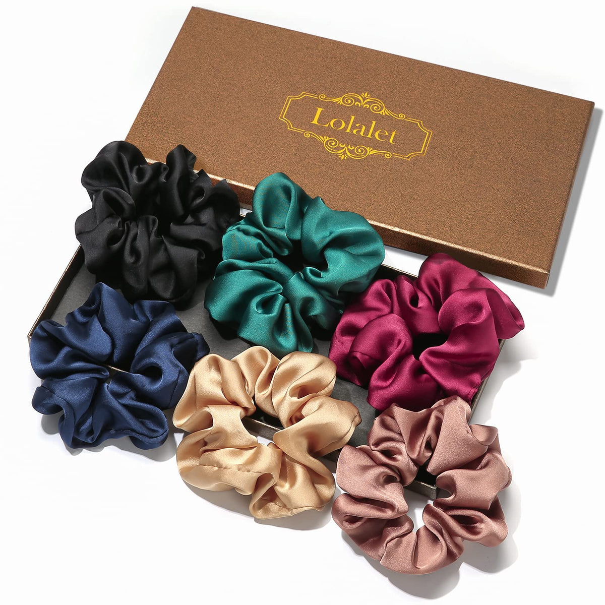 Lolalet Satin Scrunchies For Women - 6 Pack, Soft Silk Hair Ties In Dark Blue, Champagne, Purple