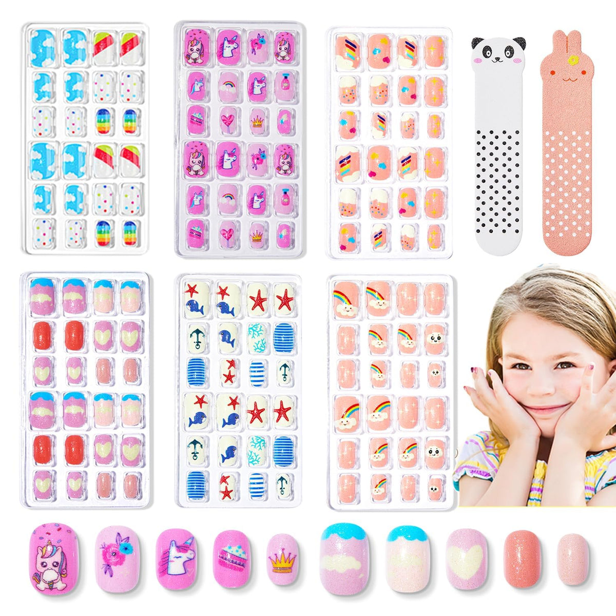 Modelones Kids Press on Nails 144Pcs Acrylic Glitter Gradient Cloud Heart Short Nail Art Set