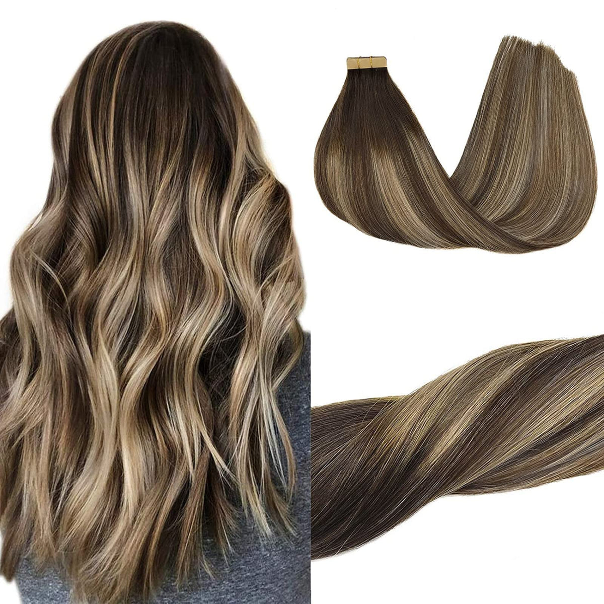 GOO GOO 22&quot; Tape In Human Hair Extensions, Balayage Chocolate Brown to Honey Blonde, 20pcs 50g