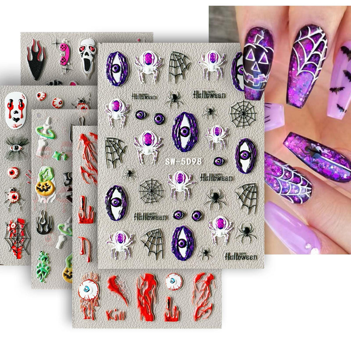 Iohauu 5D Embossed Halloween Nail Stickers - Ghosts, Skulls, Bats & More - Nail Art