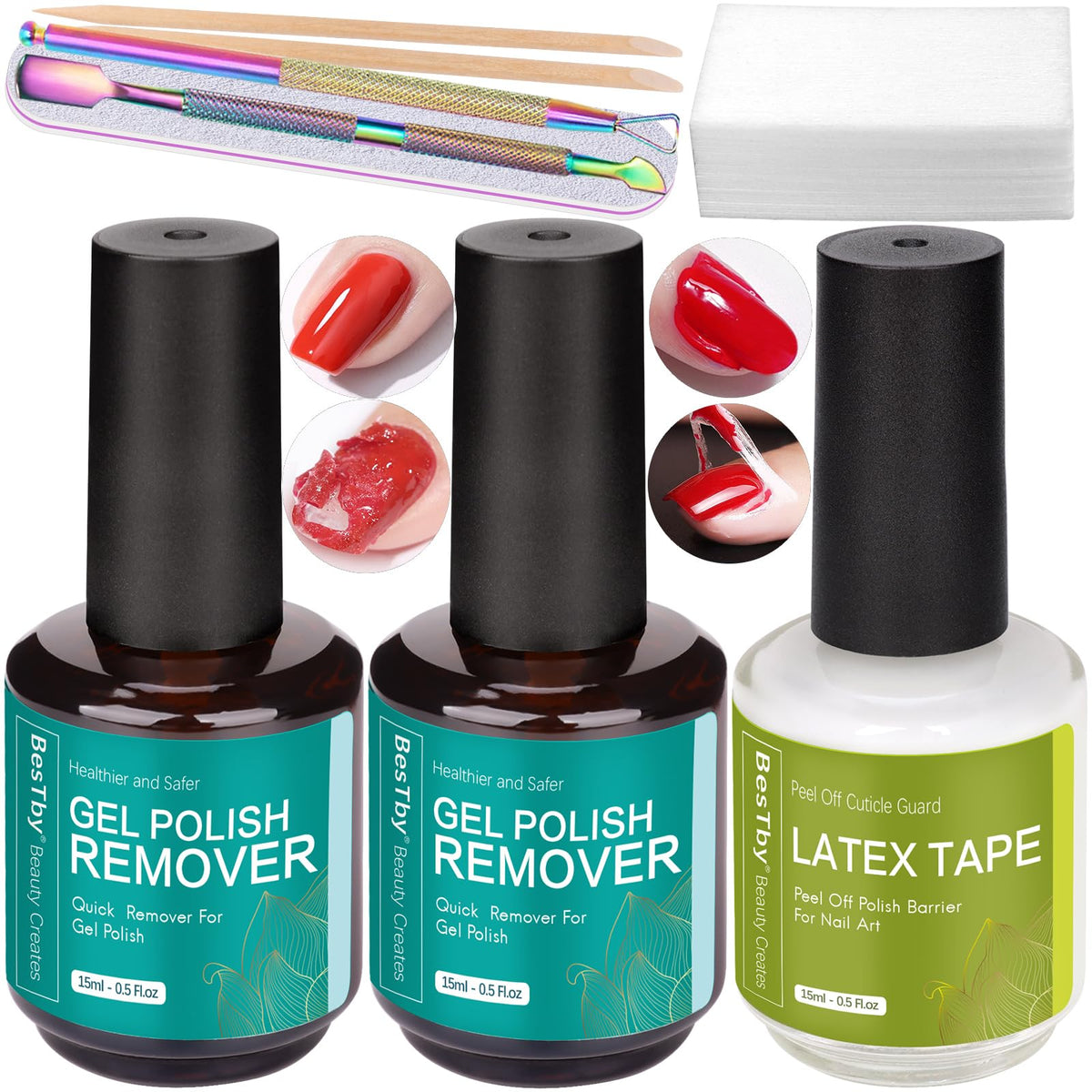 Bestby Gel Nail Polish Remover 2 Pack, Quick 2-5 Min Formula With Liquid Latex Tape & Tools