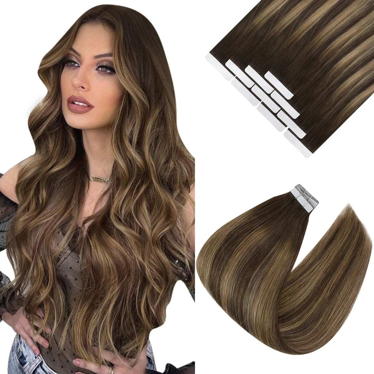 Ve Sunny Brown Tape In Hair Extensions, 16 Inch, Real Human Hair, Ombre Balayage, 10Pcs