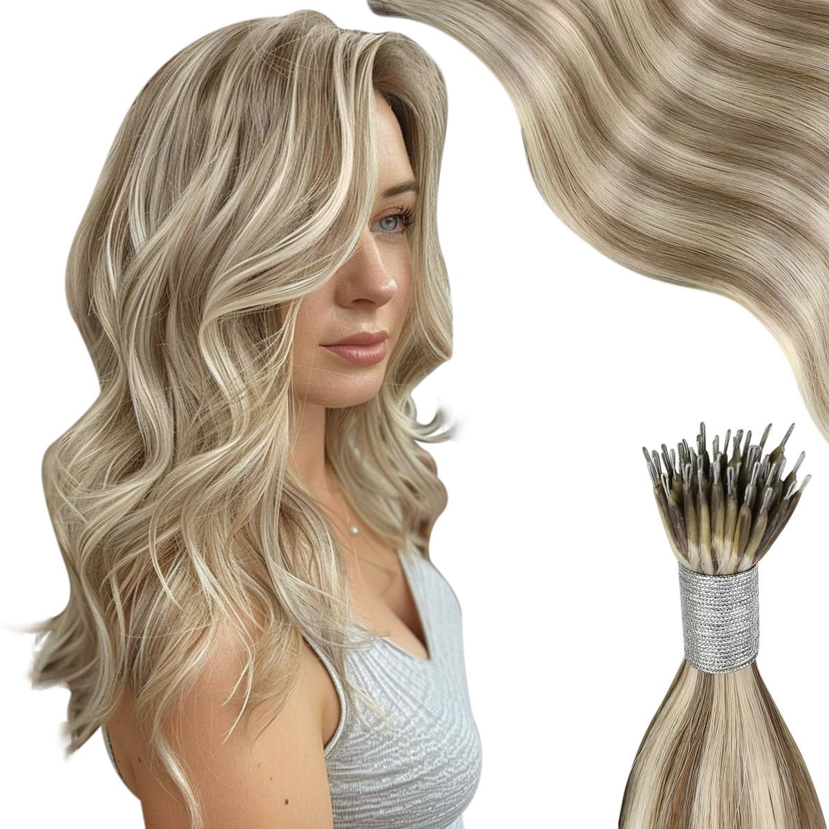 Moresoo 18&quot; Nano Ring Hair Extensions, Light Brown to Platinum Blonde, 50g Human Hair