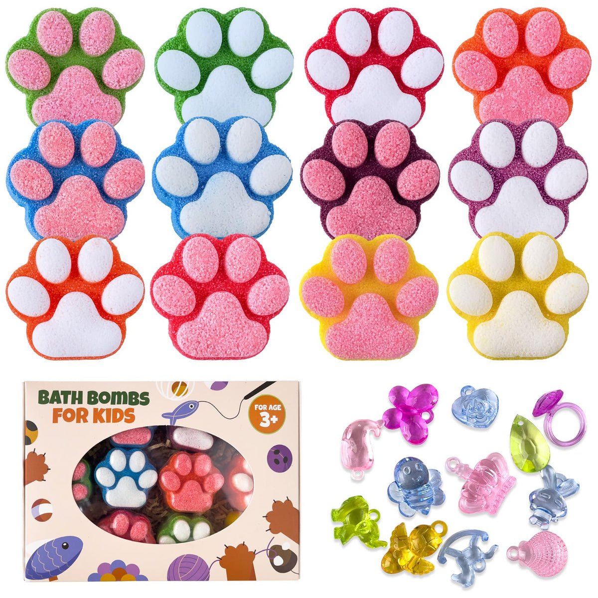 Yekery Paw Bath Bombs For Kids - 12 Pcs Colorful Fizzy Balls With Surprise Toys, Gift Set